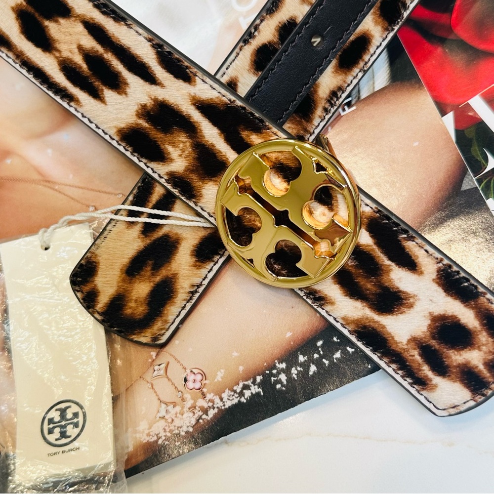 NWT Tory Burch Leopard Print Calf Fur Leather Belt Gold Tone Logo Buckle | S